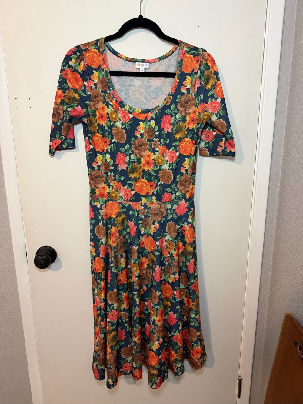 LuLaRoe Teal Floral Scoop Midi Dress with Orange and Brown Blooms